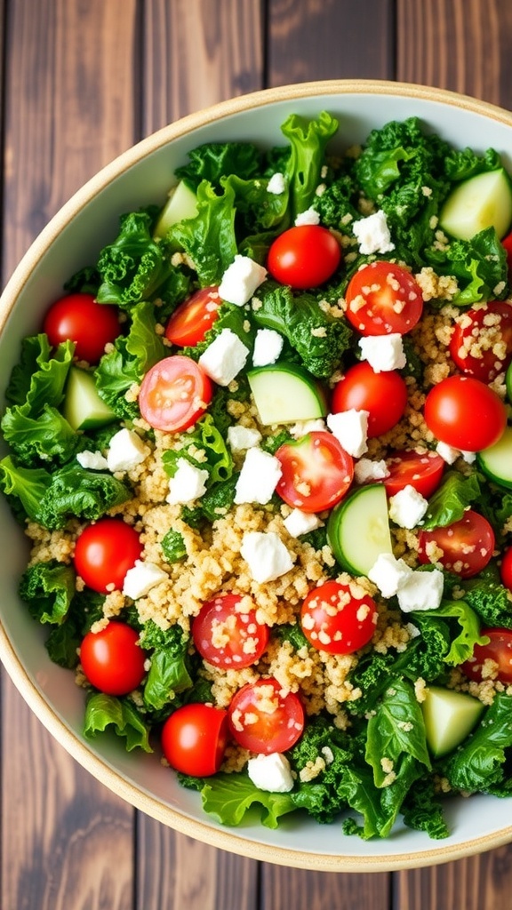 A vibrant kale and quinoa salad with cherry tomatoes, cucumber, and feta cheese on a rustic wooden table.